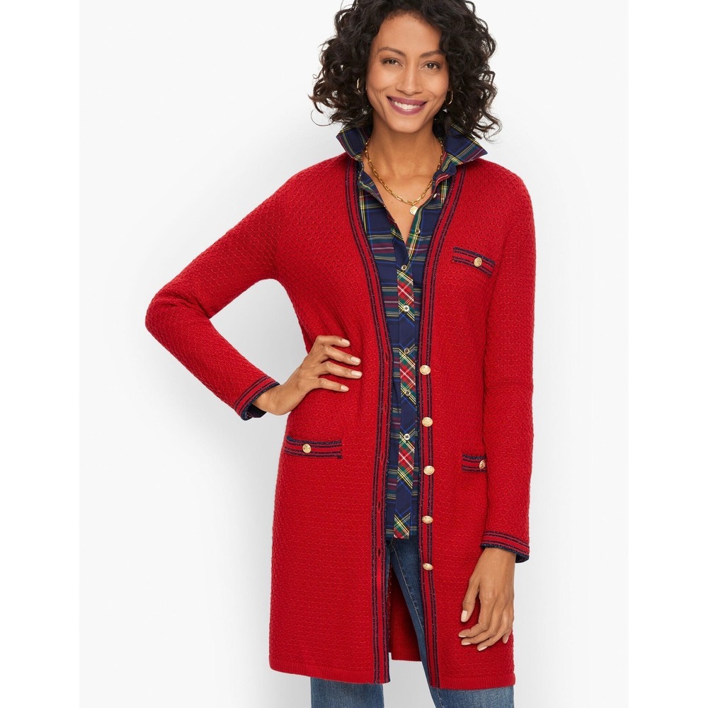 Talbots Lurex Tipped Long Cardigan Red Wool Blend Gold Crest Button Sweater Lg
